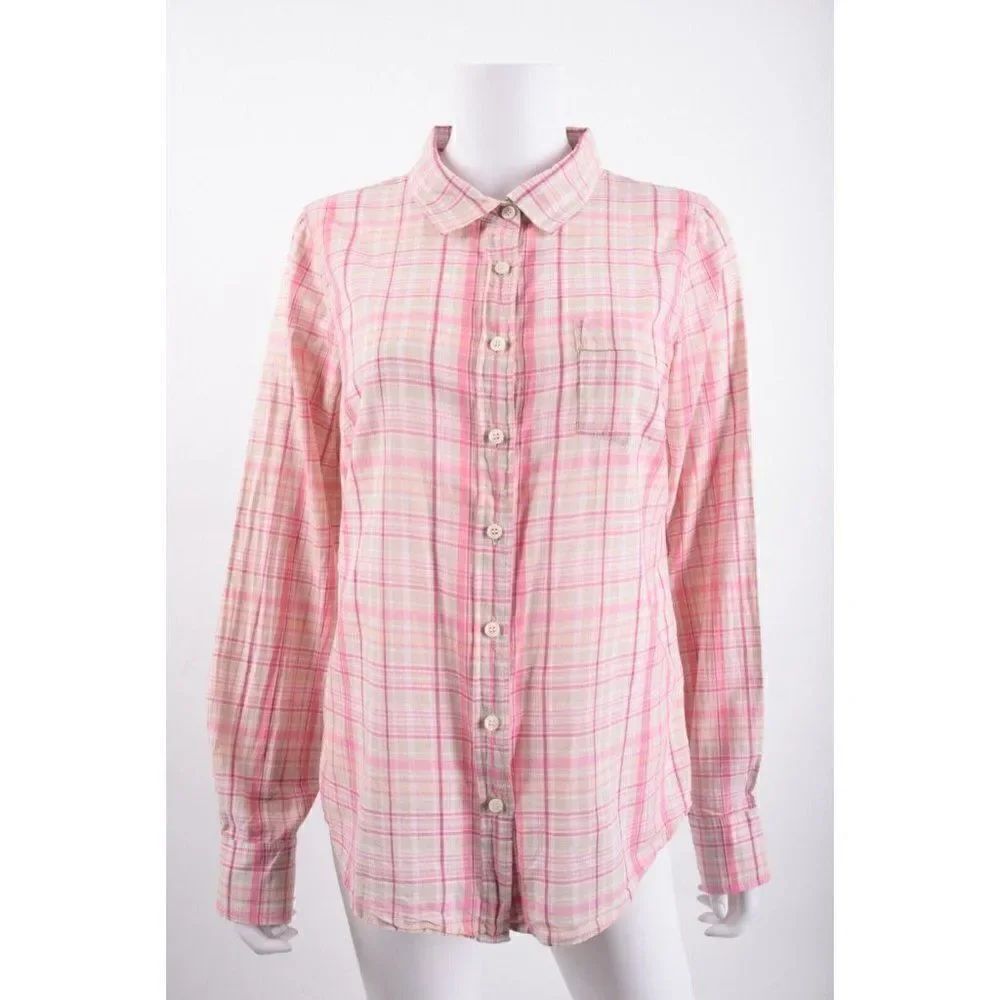 J.Crew Womens Perfect Shirt Blouse Button Down M Pink Tan Plaid Long sleeve